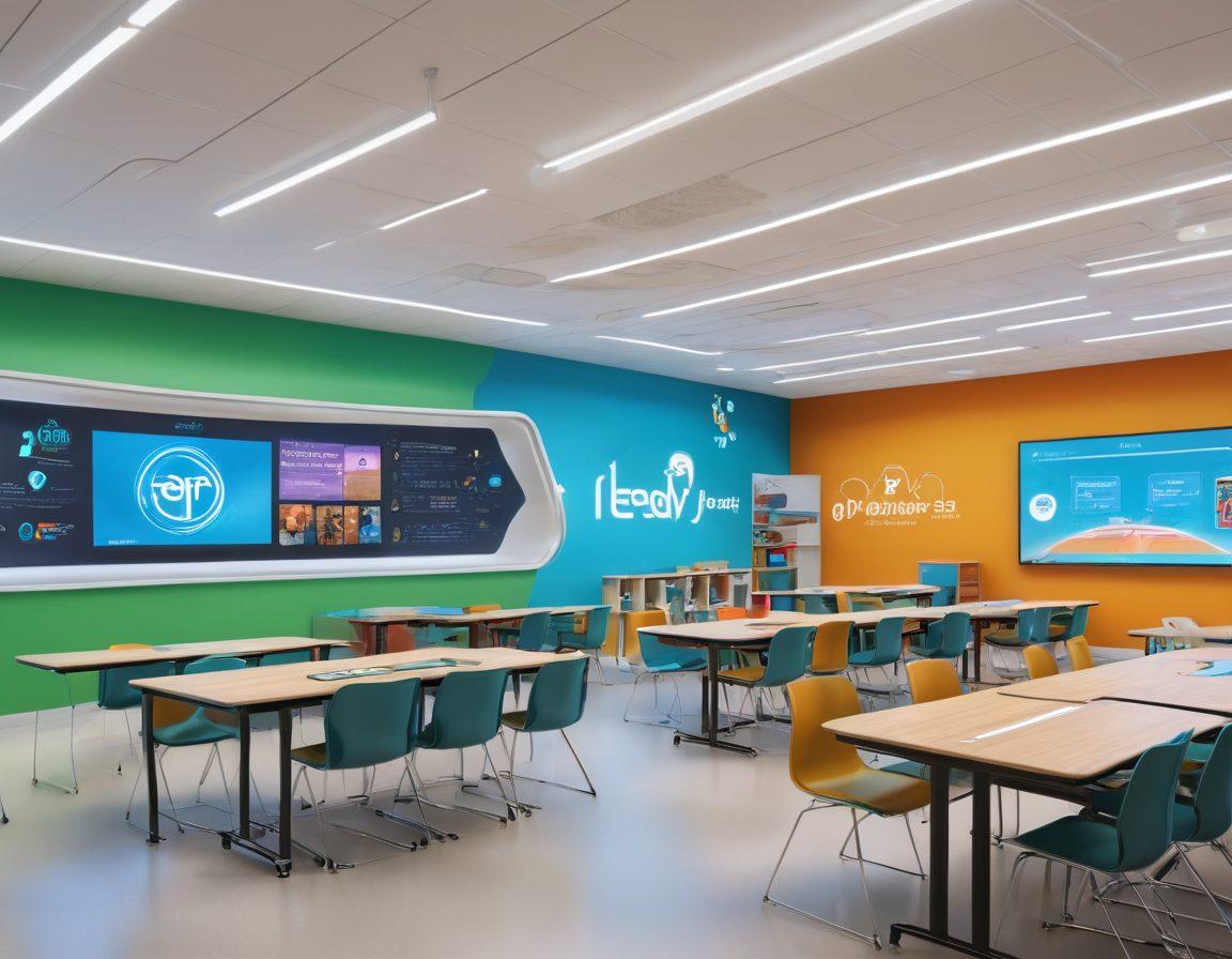 A futuristic classroom where students are engaged with interactive digital screens, showcasing the evolution from traditional distance education to modern adaptive learning. Include elements like personalized learning paths, diverse digital tools, and the iReady logo subtly. This setting should reflect a seamless blend of technology and education. vibrant colors, 3D.