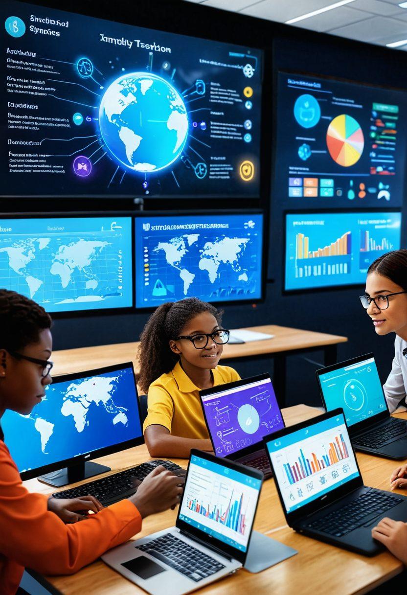 A vibrant virtual classroom setting where diverse teachers and students interact via advanced laptops and smartboards. Educators demonstrate engaging lessons while students actively participate with enthusiasm. In the background, dynamic graphics and charts showcase progress and achievements. futuristic, super-realistic, vibrant colors.