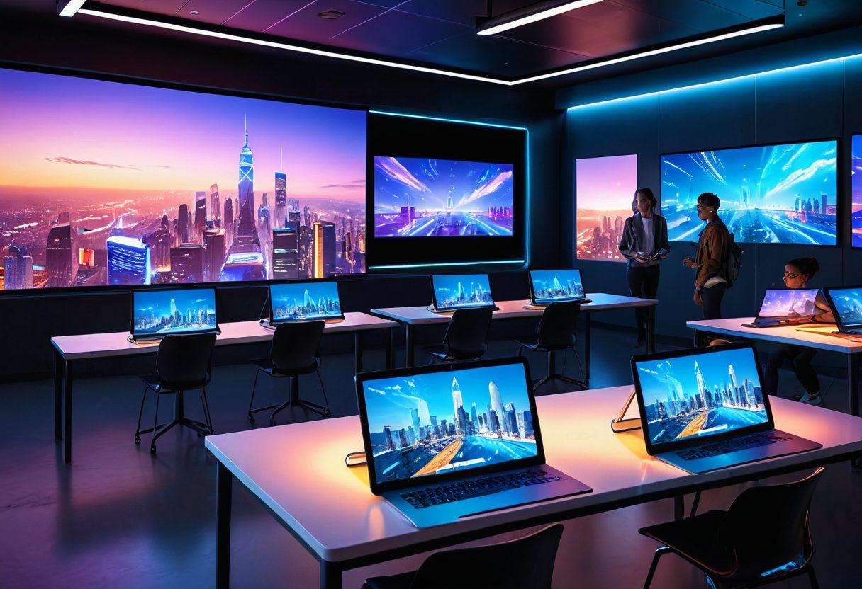 A futuristic classroom filled with holographic screens and students using interactive tools like tablets and VR headsets, with a diverse group of students engaged in collaborative learning. The background features a modern digital cityscape through large windows, symbolizing the integration of technology and learning. Vibrant colors and dynamic lighting to emphasize innovation and energy. 3D. super-realistic.